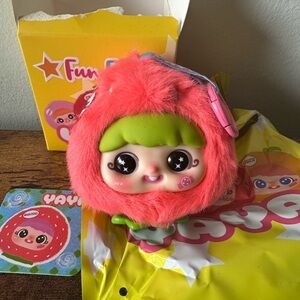 Pink Fuzzy Strawberry Keychain with Green Hair Movable Eyes NEW